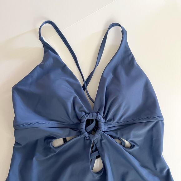 [Sociala] Blue One Piece Cutout O-Ring Tie Back Swimsuit V-Neck Size Large L - Picture 7 of 10